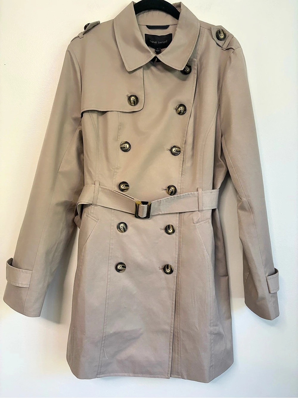 Harve Benard Double Breasted Trench Coat Cotton Blend Beige Tan Khaki Sz Large
